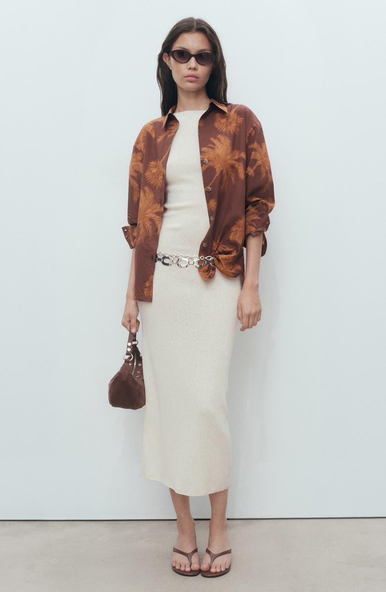 MANGO Palm Print Cotton Button-Up Shirt, Alternate, color, Brown