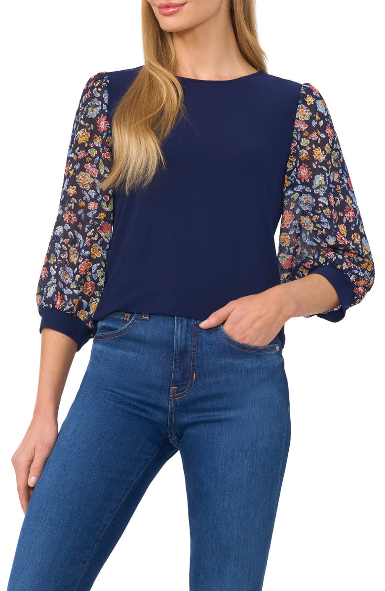 CeCe Floral Sleeve Mixed Media Crepe Top, Main, color, 