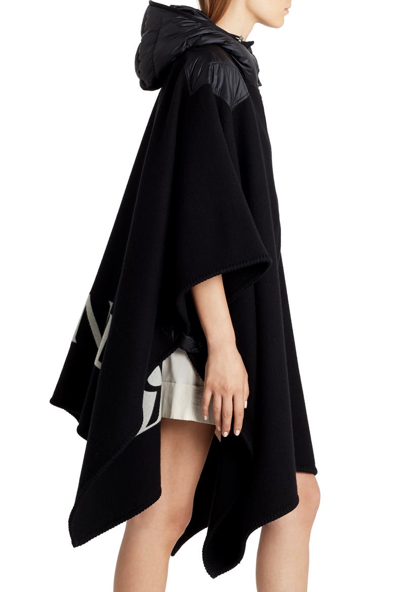 Mantella Down Hood Logo Jacquard Wool Cape, Alternate, color, BLACK