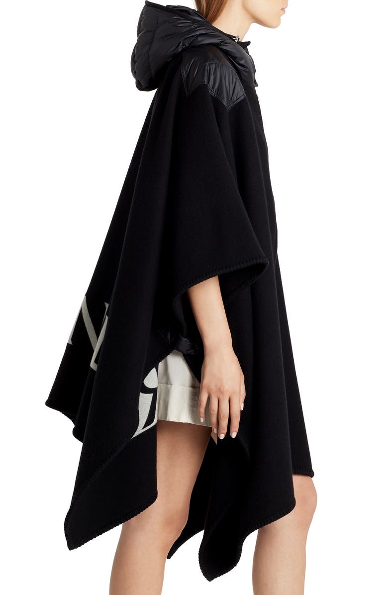 Moncler Mantella Down Hood Logo Jacquard Wool Cape, Alternate, color, 