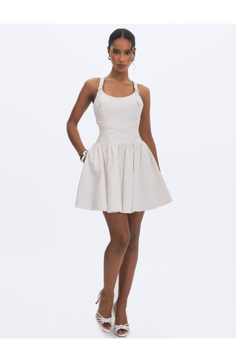 Miss Circle Francine Cotton Denim Crossover Strap Mini Dress, Alternate, color, White