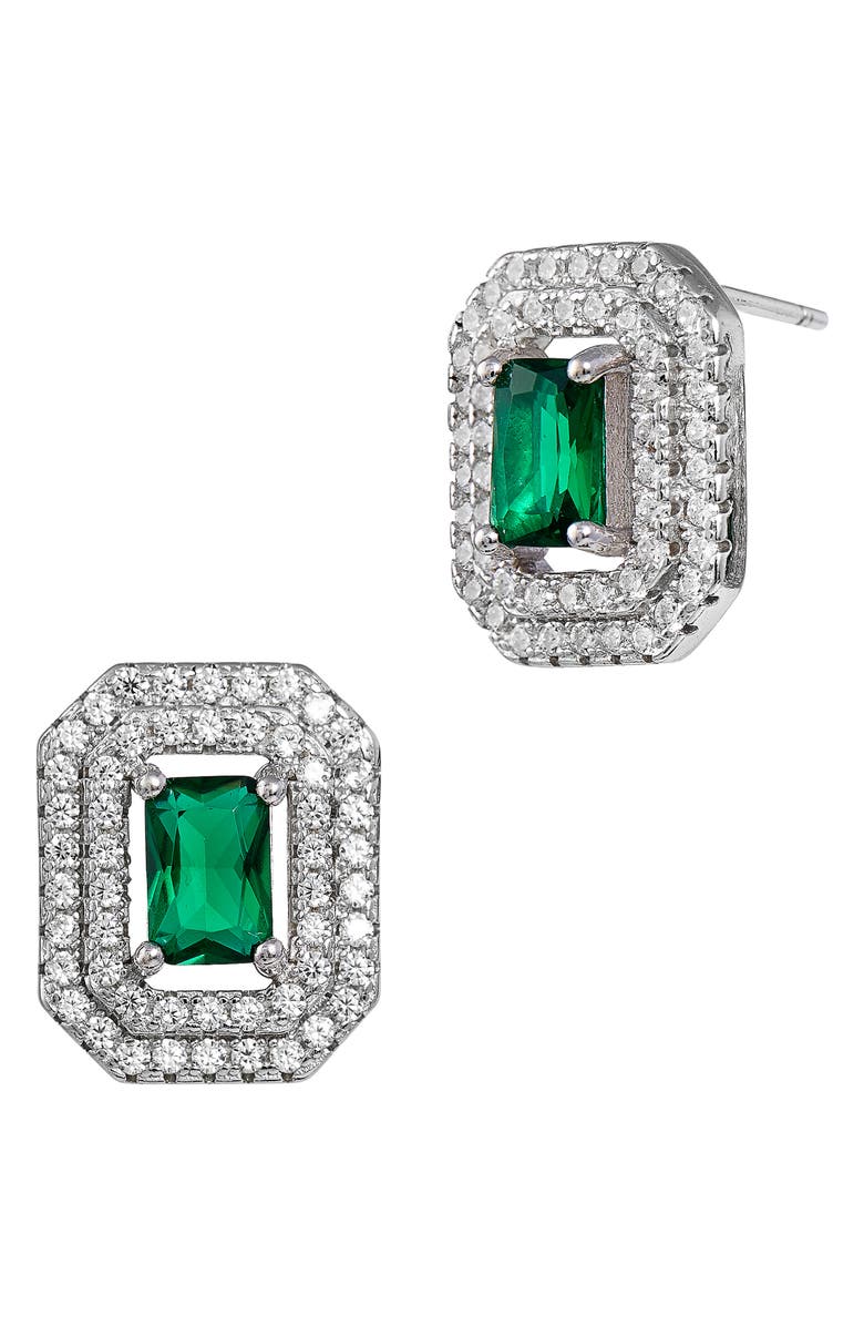SAVVY CIE JEWELS Double Halo Lab Created Emerald Stud Earrings, Main, color, Green