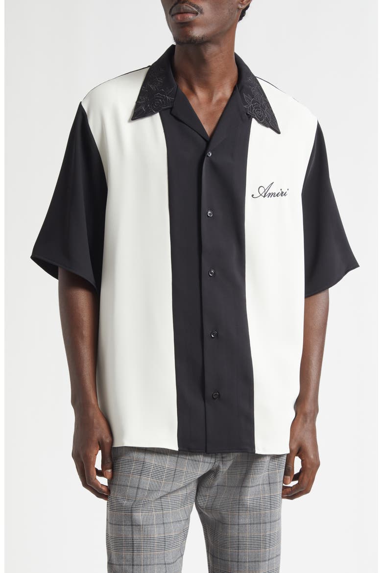 Colorblock Floral Embroidered Camp Shirt, Main, color, BLACK