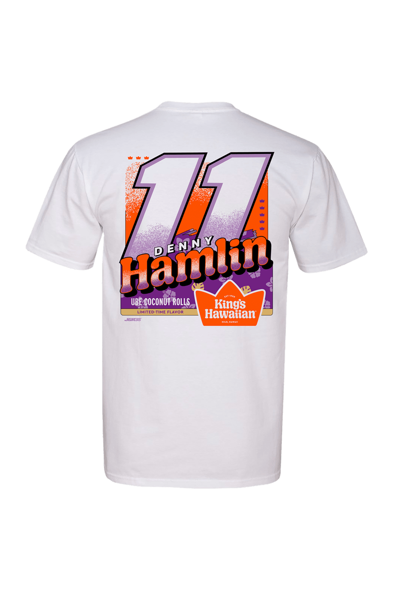 Men's Classic Ink White Denny Hamlin King's Hawaiian Car T-Shirt, Alternate, color, White