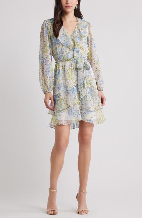 Floral Ruffle Trim Long Sleeve Chiffon Minidress
