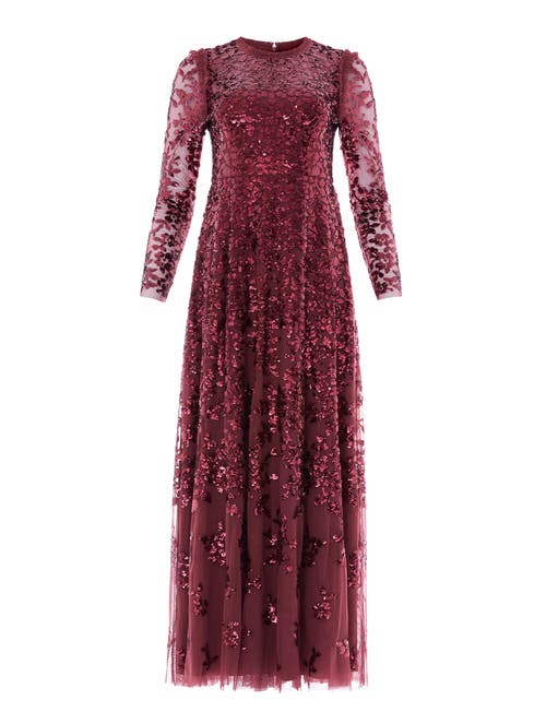 Needle & Thread Rosanna Lattice Round Neck Gown In Burgundy