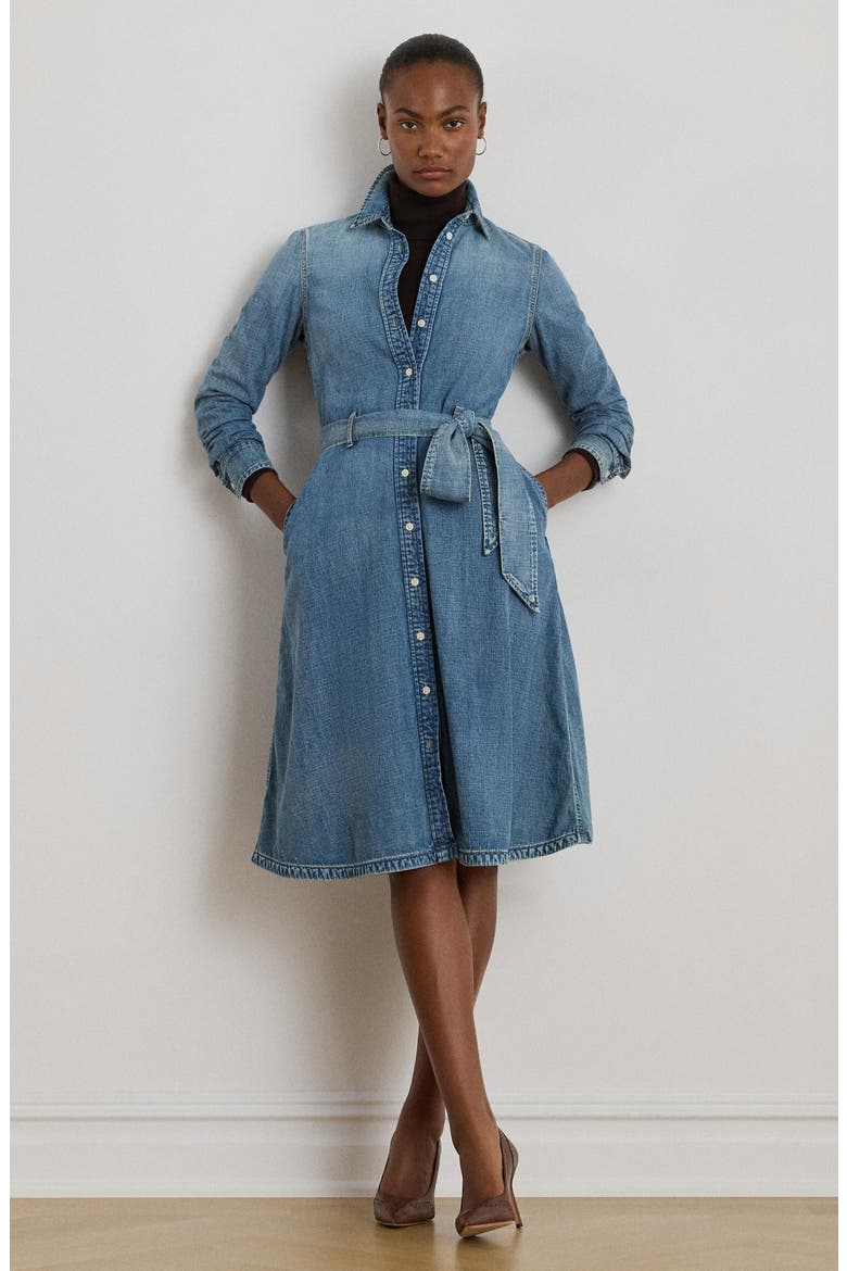 Belted Denim Shirtdress, Alternate, color, ODWIN WASH
