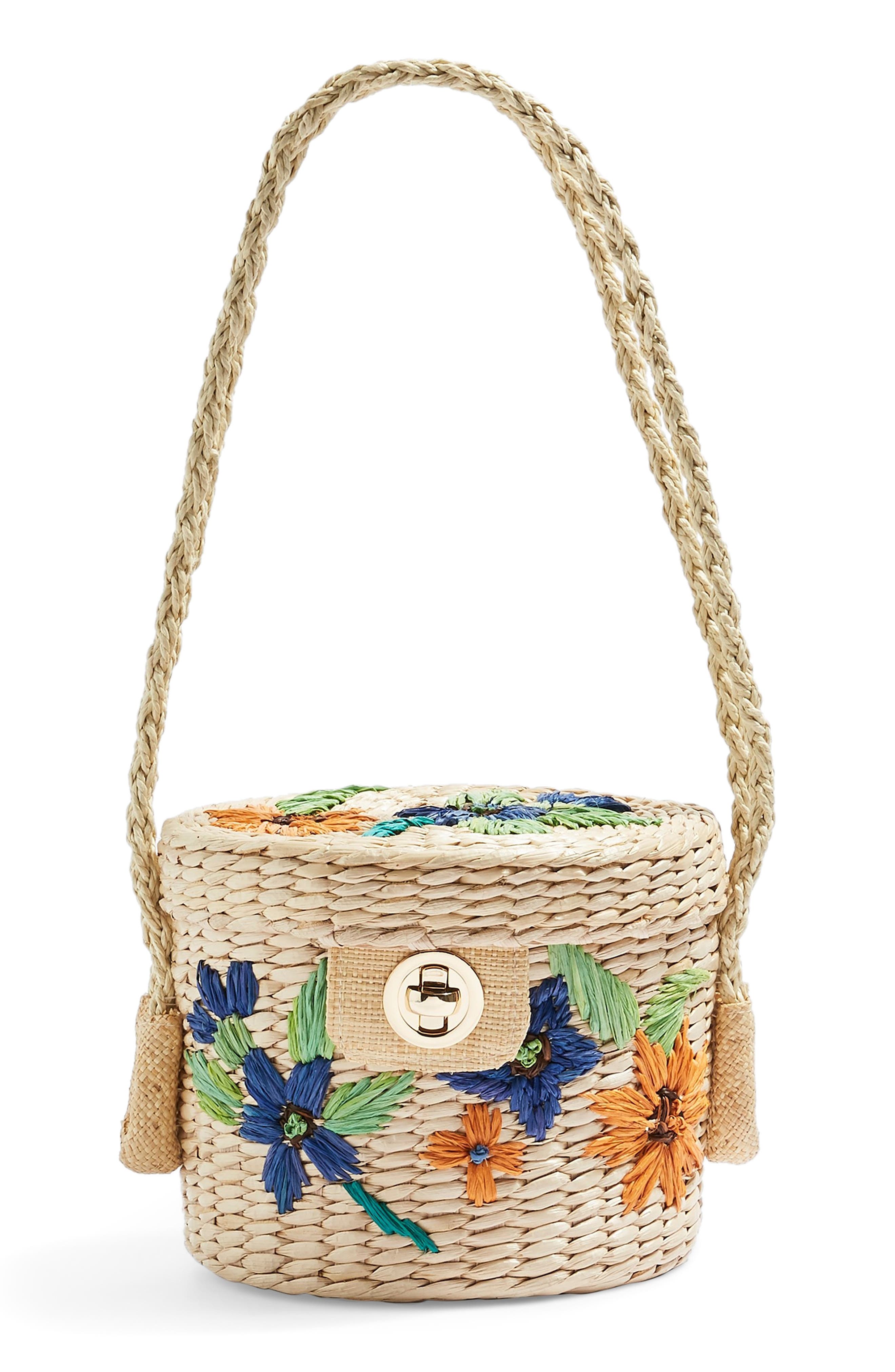Topshop Fable Floral Straw Bucket Bag, Main, color, 