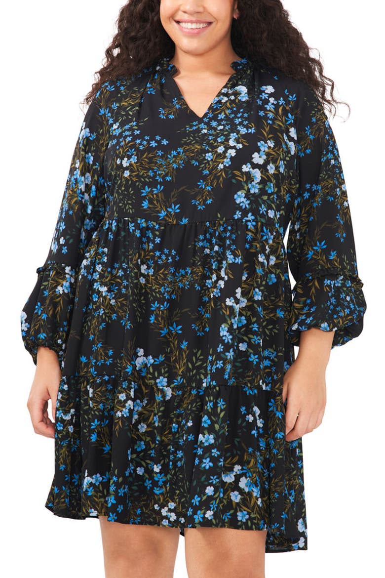 Floral Print Long Sleeve A-Line Dress, Alternate, color, LAPIS BLUE