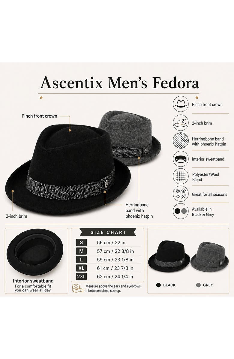 Ascentix Men's Wool Blend All Season Fedora Hat with Herringbone Band, Alternate, color, Black