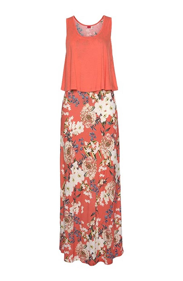 LASCANA Women's Layered Look Maxi Dress, Alternate, color, Coral-Patterned