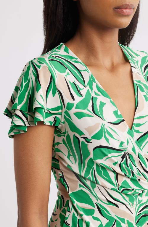 Anne Klein Abstract Print Flutter Sleeve Wrap Dress In White