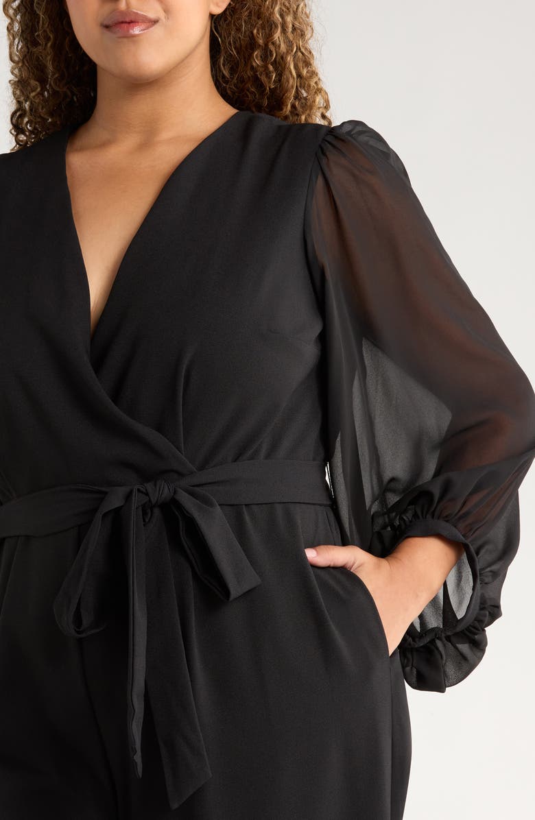 Julia Jordan Wrap Front Sheer Long Sleeve Jumpsuit, Alternate, color, Black