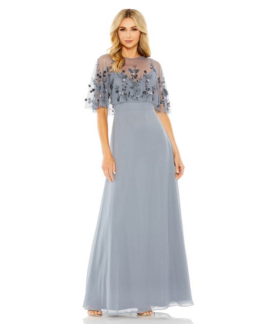 Mac Duggal Sleeveless Gown With Embellished Cape in Slate Blue 