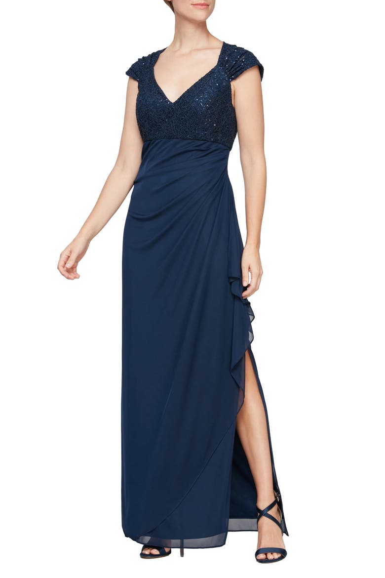 Cap Sleeve Empire Waist Evening Gown, Main, color, NAVY