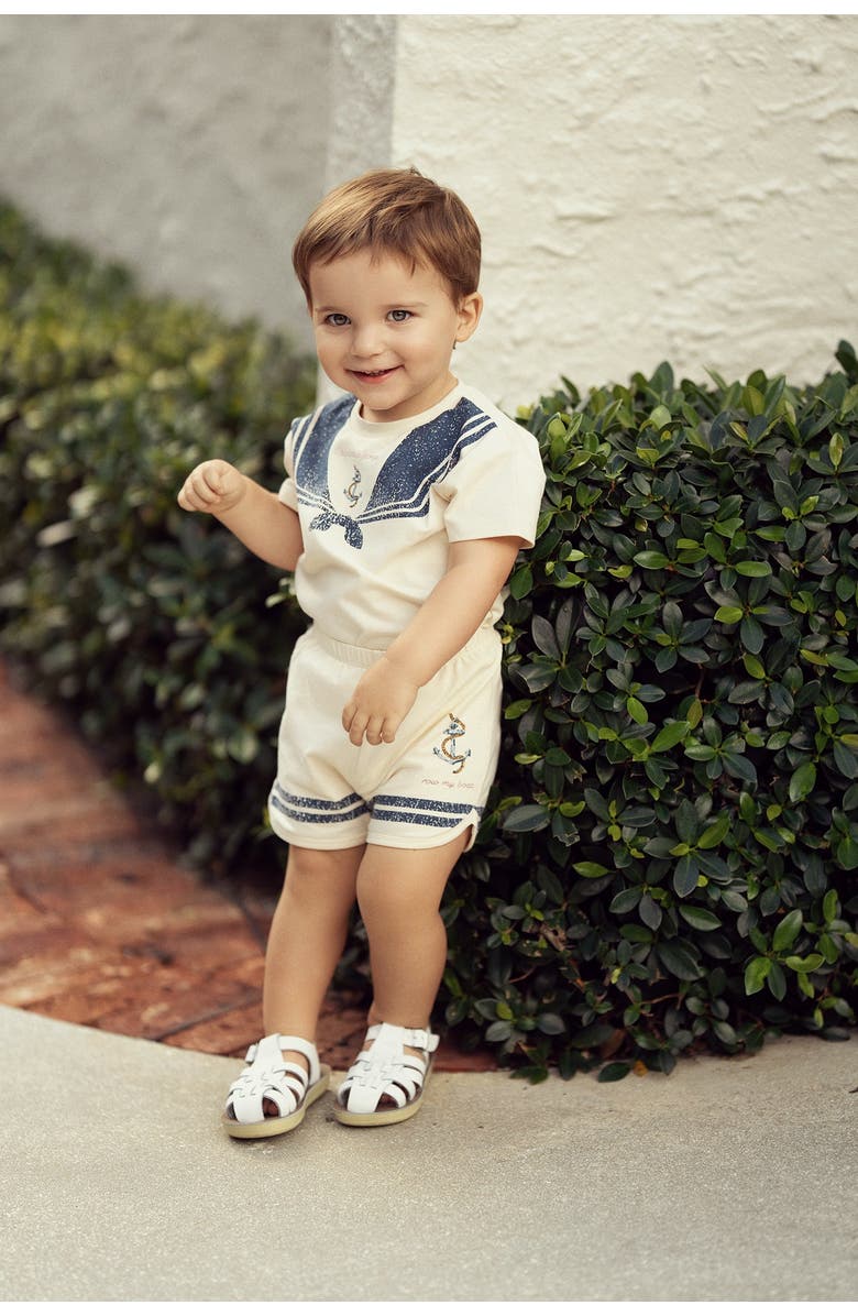 Charlotte & George Sailor Collar Printed 2 Piece Short Sleeve Top and Shorts Set, Alternate, color, Cream