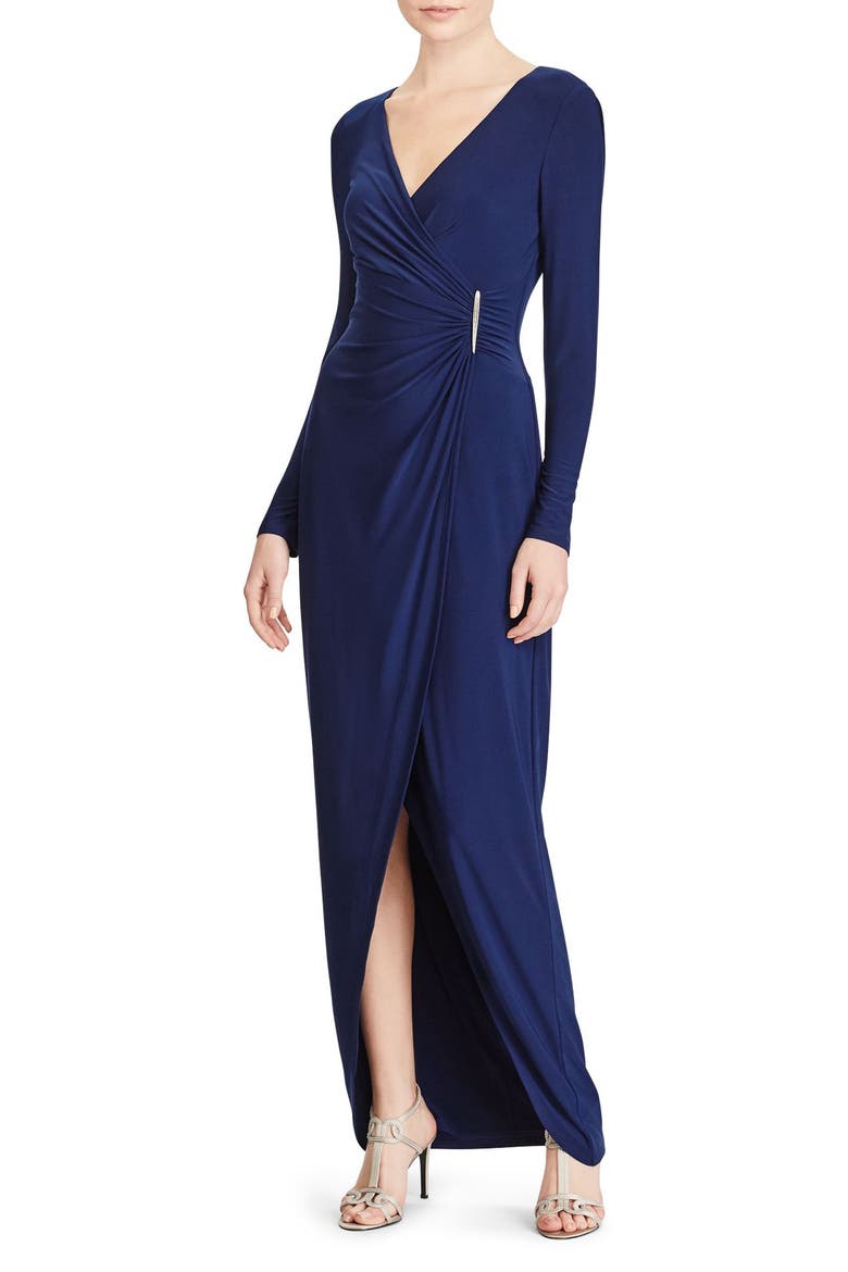 Safronette Faux Wrap Gown, Main, color, INDIGO