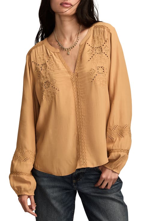 Schiffli Lace Accent Peasant Top