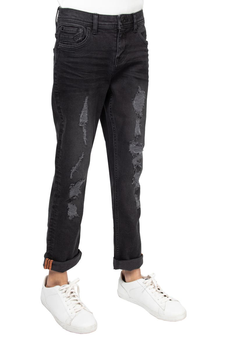 Kids' Raw X Rip & Repair Distressed Neon Stitch Jeans, Alternate, color, JET BLACK