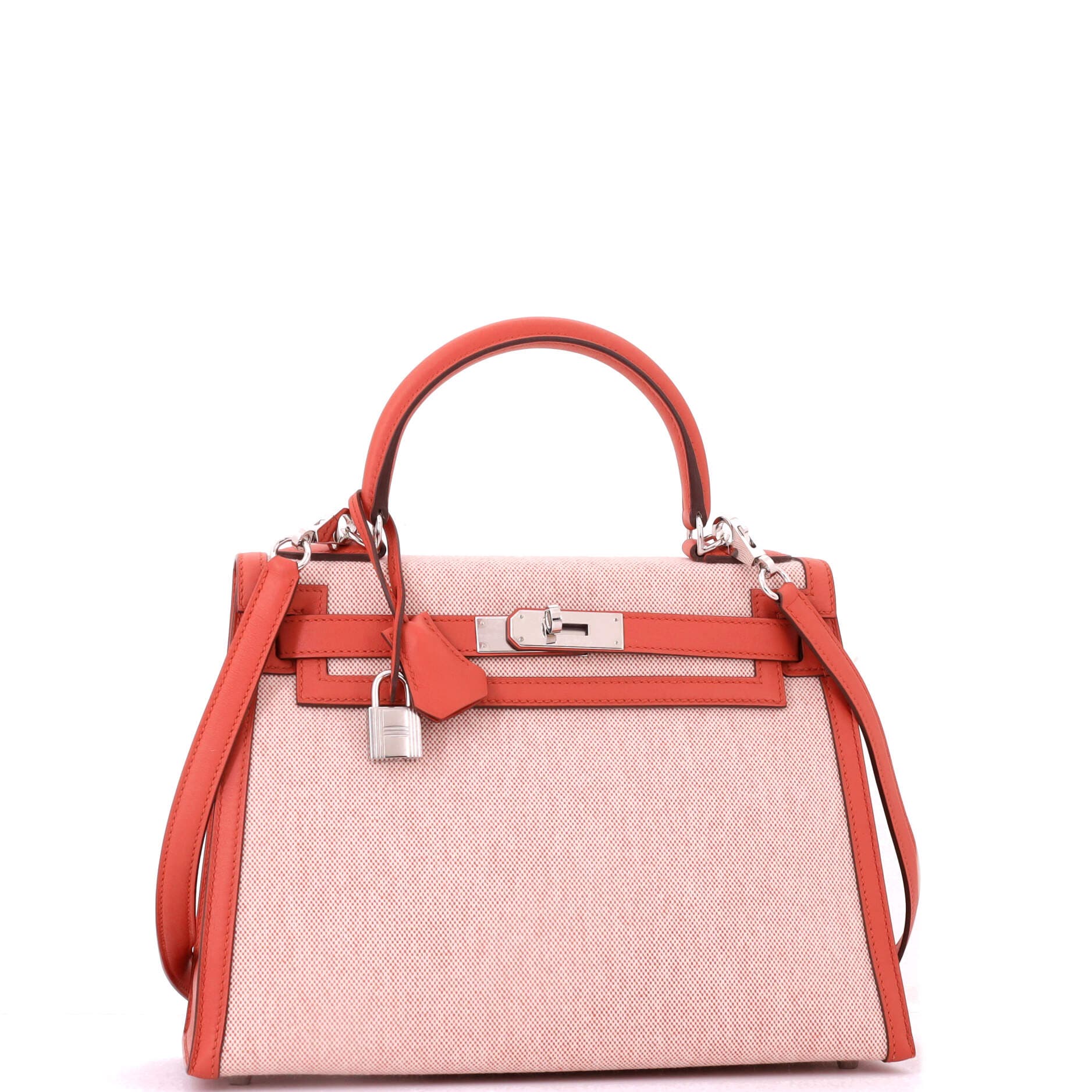 Pre-Owned Hermes Kelly Handbag Toile and Brown Swift with Palladium Hardware 28, Alternate, color, Brique