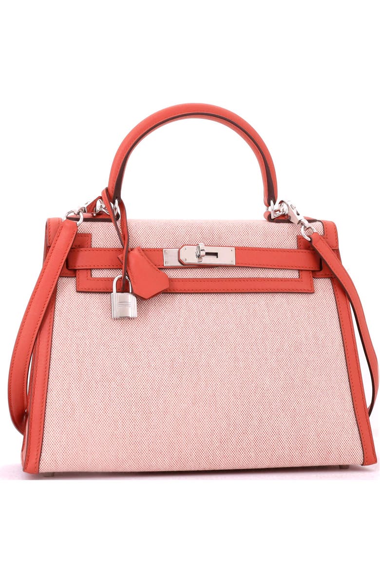 Pre-Owned Hermes Kelly Handbag Toile and Brown Swift with Palladium Hardware 28, Alternate, color, Brique