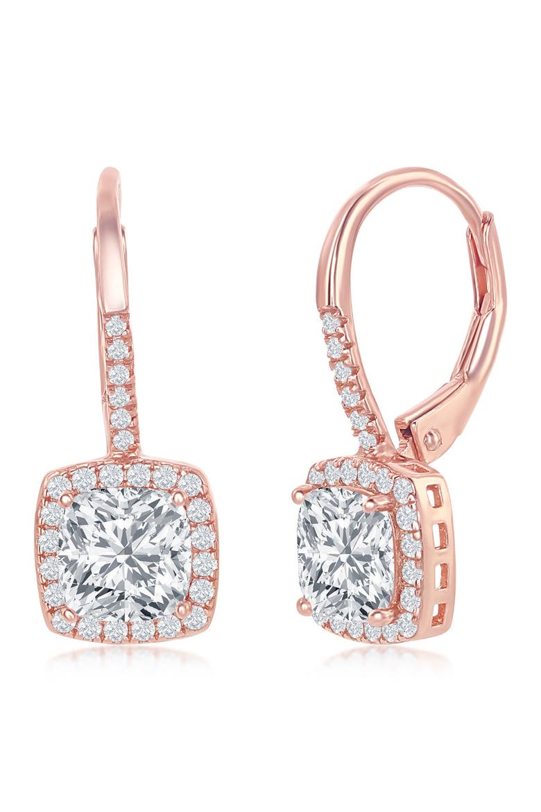 14K Rose Gold Plated Sterling Silver Princess-Cut CZ Halo Drop Earrings, Main, color, ROSE