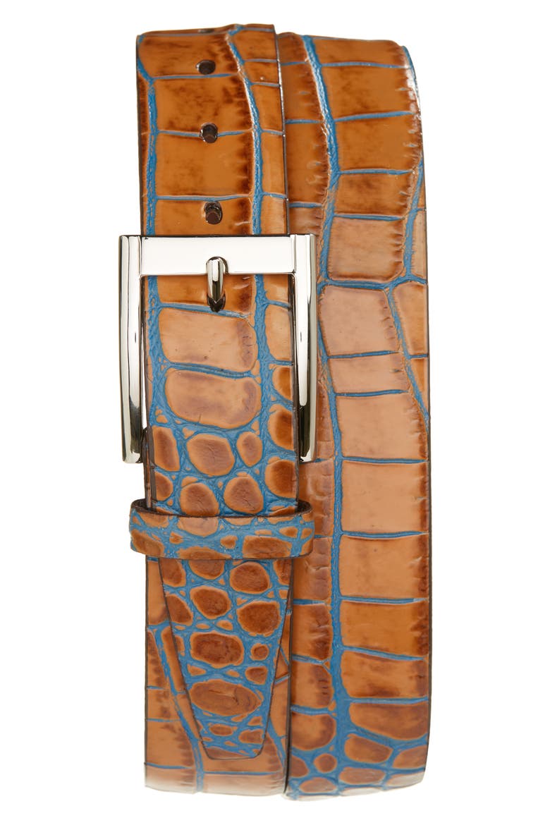 Croc Embossed Leather Belt, Main, color, TAN/ BLUE