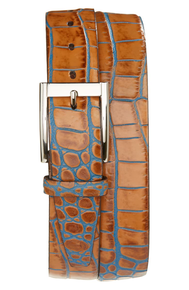 Torino Croc Embossed Leather Belt, Main, color, Tan/ Blue