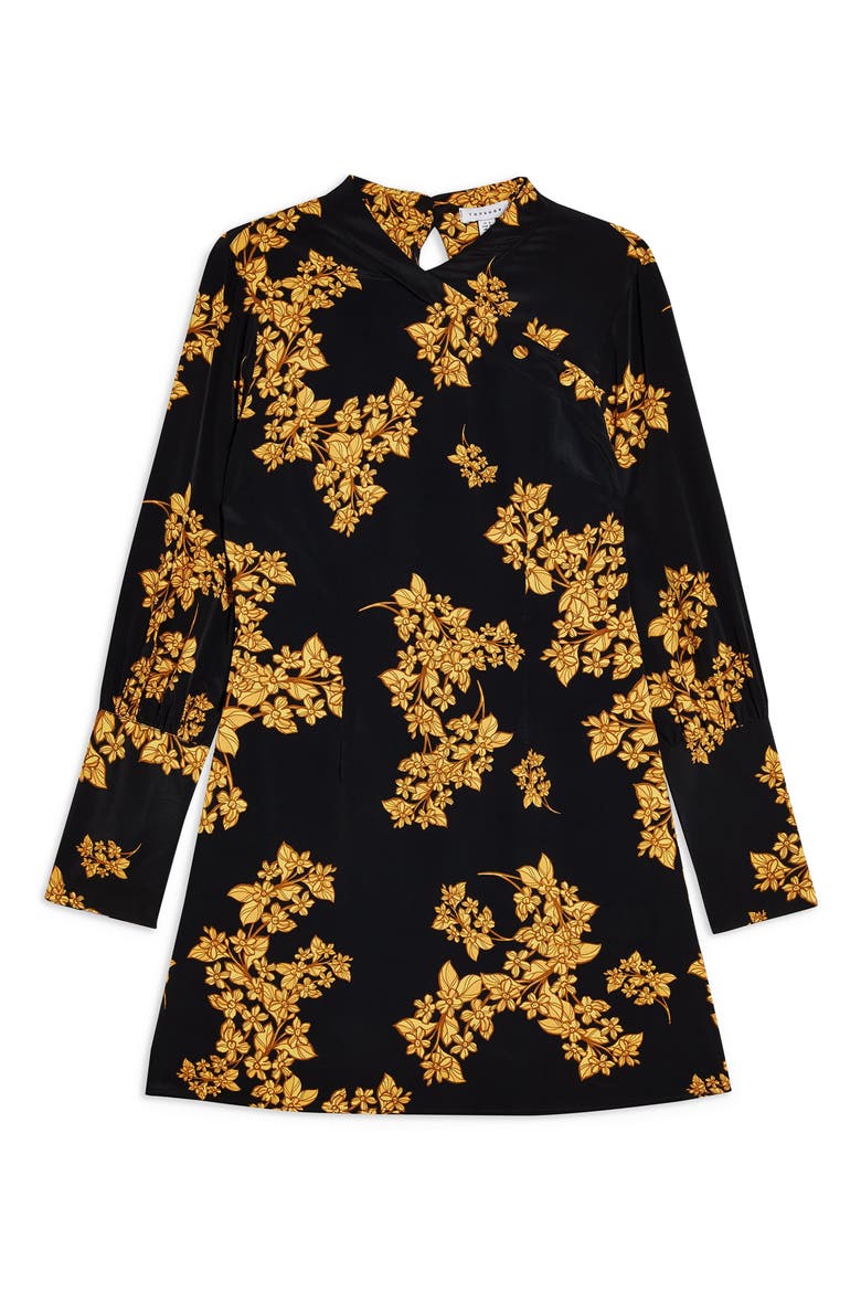 Floral Print Long Sleeve Minidress, Alternate, color, BLACK
