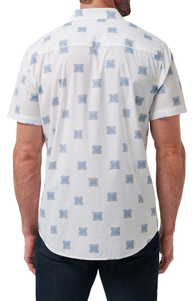 TravisMathew Favorite Part Floral Geo Print Short Sleeve Stretch Button-Up Shirt, Alternate, color, White