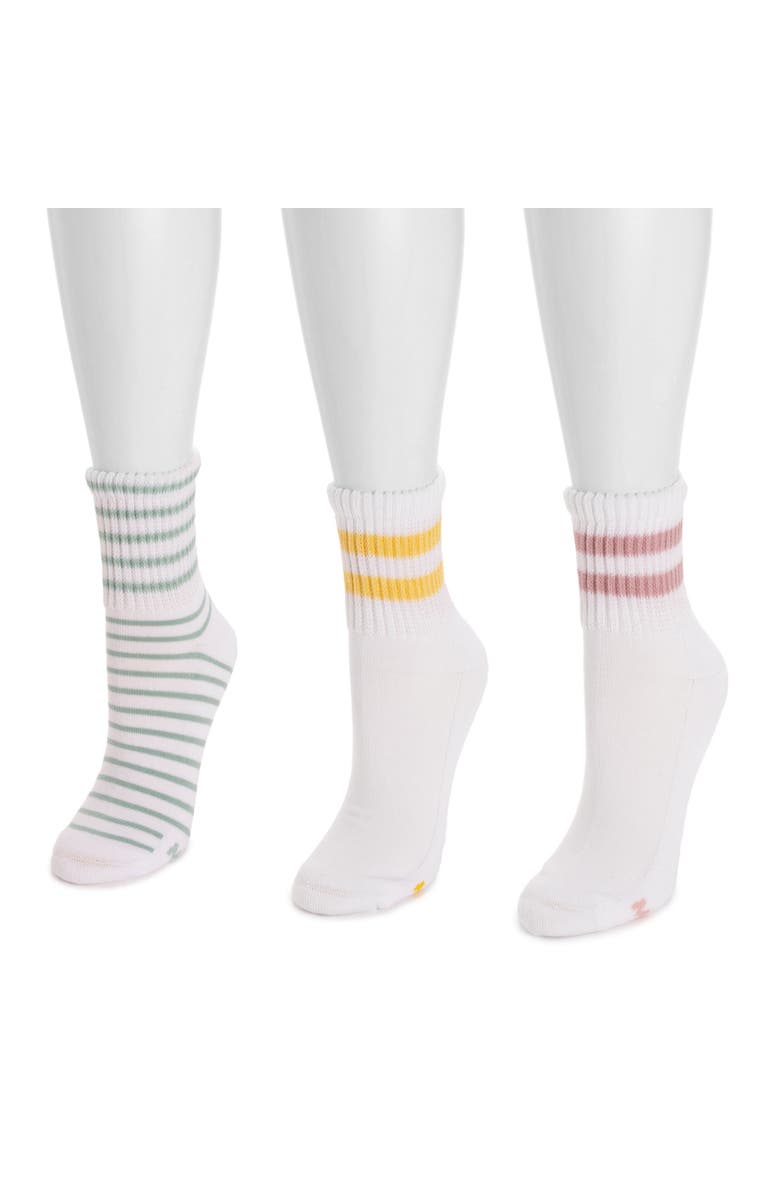 MUK LUKS Women's Cotton Quarter Crew Socks with Wide Rib Cuff, 3 Pair Pack, Alternate, color, Multi Stripes