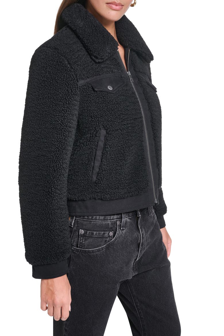 Fleece & Denim Bomber Jacket, Alternate, color, BLACK