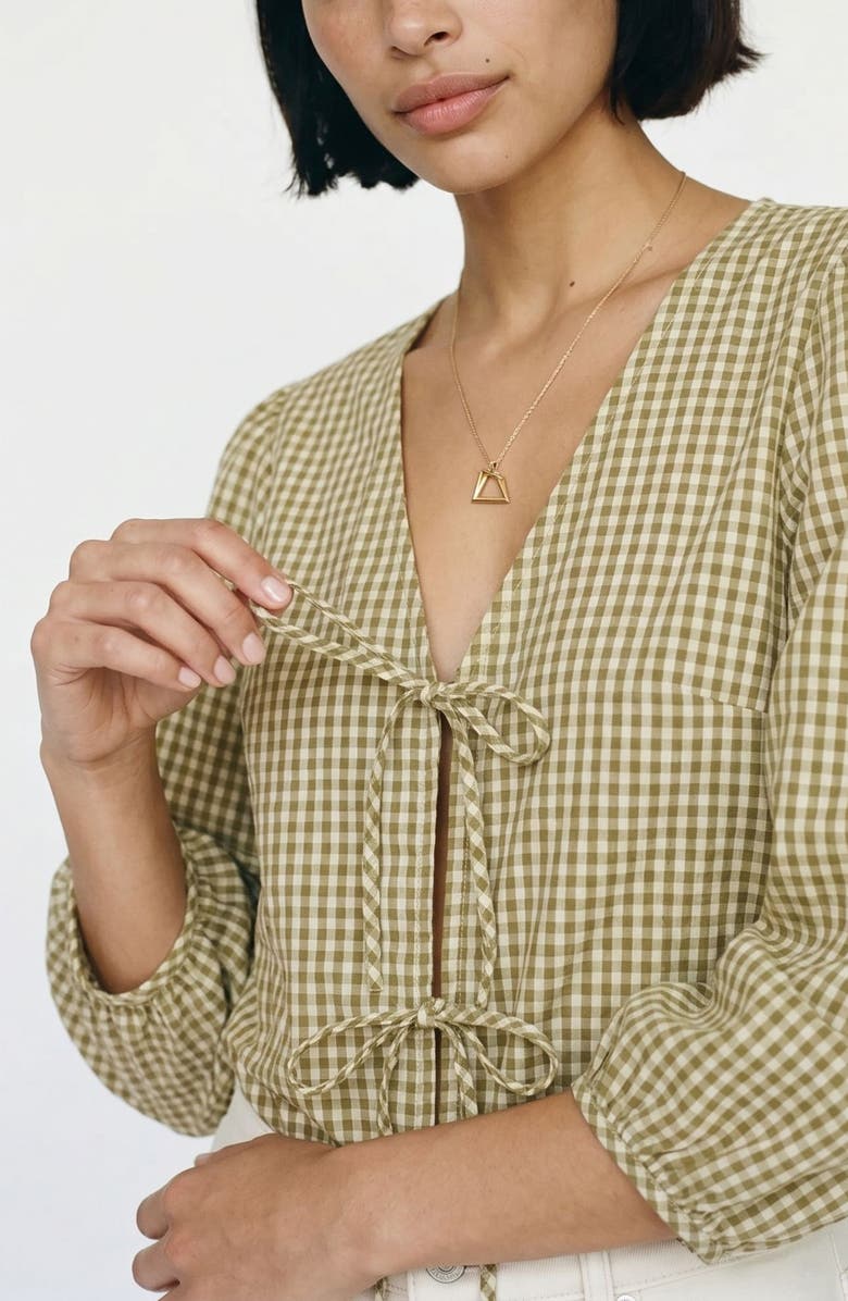 VERO MODA Camilla Tie Front Gingham Top, Alternate, color, Fog Green Checks Willow