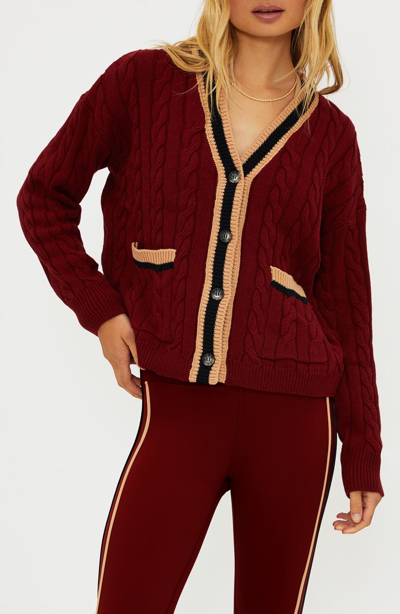 Beach Riot Gene Cable Stitch Cardigan, Main, color, Maroon Merlot Colorblock