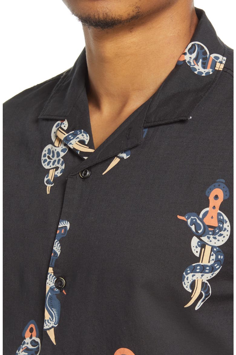 Snake & Dagger Cotton & Linen Button-Up Camp Shirt, Alternate, color, BLACK