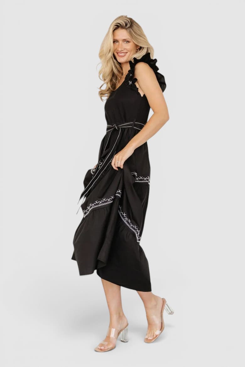 Elisa Embroidered Midi Dress, Alternate, color, Black