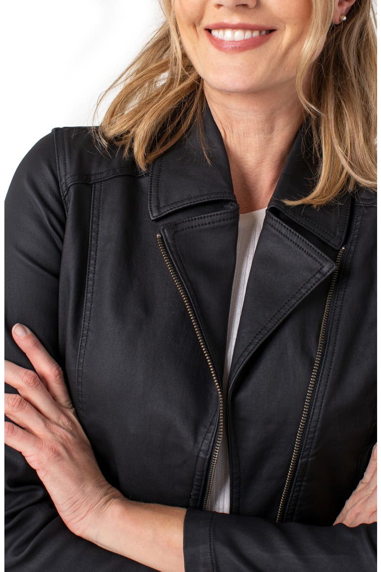 Liverpool Clean Coated Denim Moto Jacket, Alternate, color, BLACK
