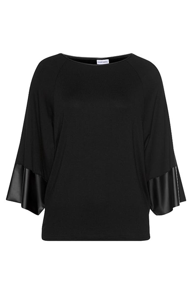 LASCANA Women's Dolman Sleeve Leather Trim Top, Alternate, color, Black