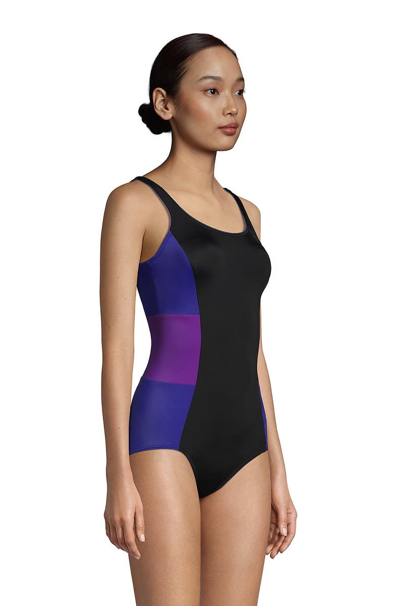 Lands' End Mastectomy Chlorine Resistant Tugless One Piece Swimsuit Soft Cup, Alternate, color, Black/Purple Grape