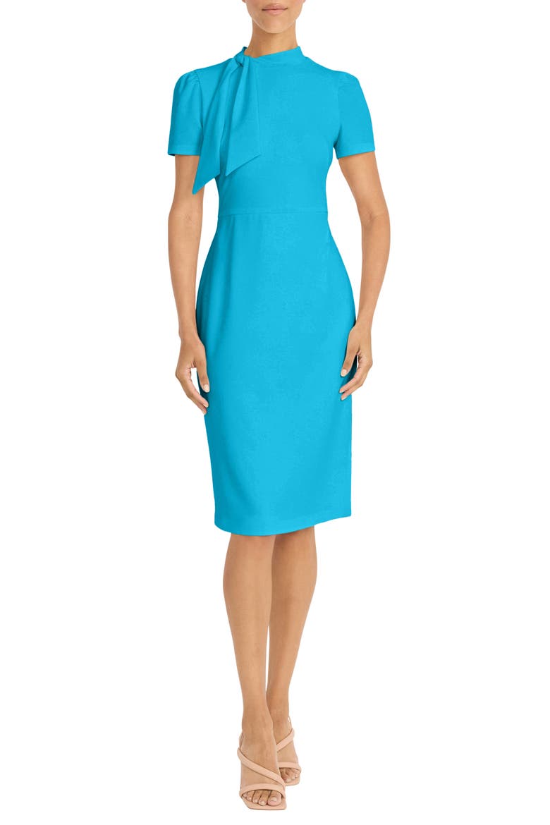 Tie Neck Short Sleeve Sheath Dress, Main, color, OCEAN DEPTHS