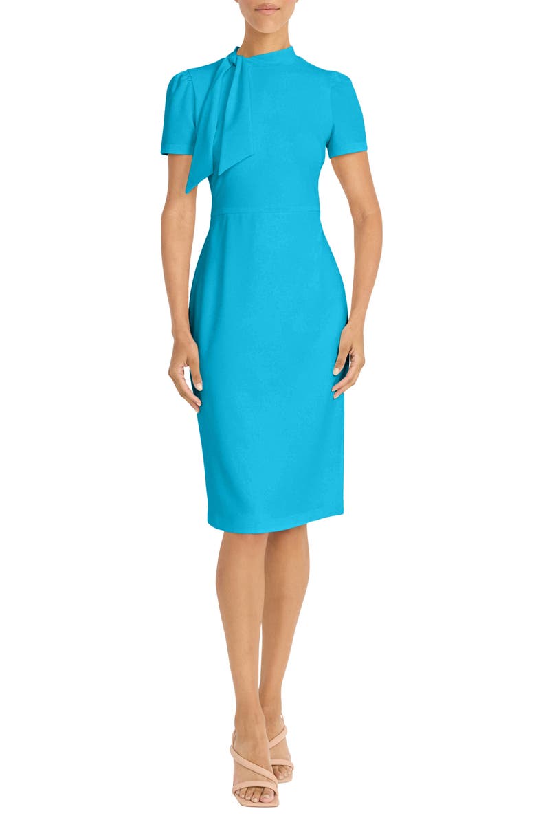 Maggy London Tie Neck Short Sleeve Sheath Dress, Main, color, Ocean Depths