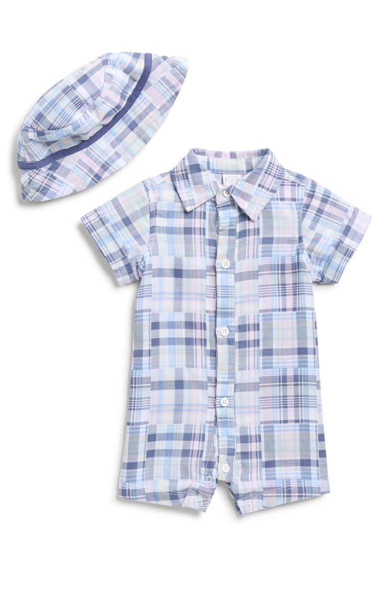 Little Me Madras Plaid Romper & Hat Set, Main, color, Blue Plaid