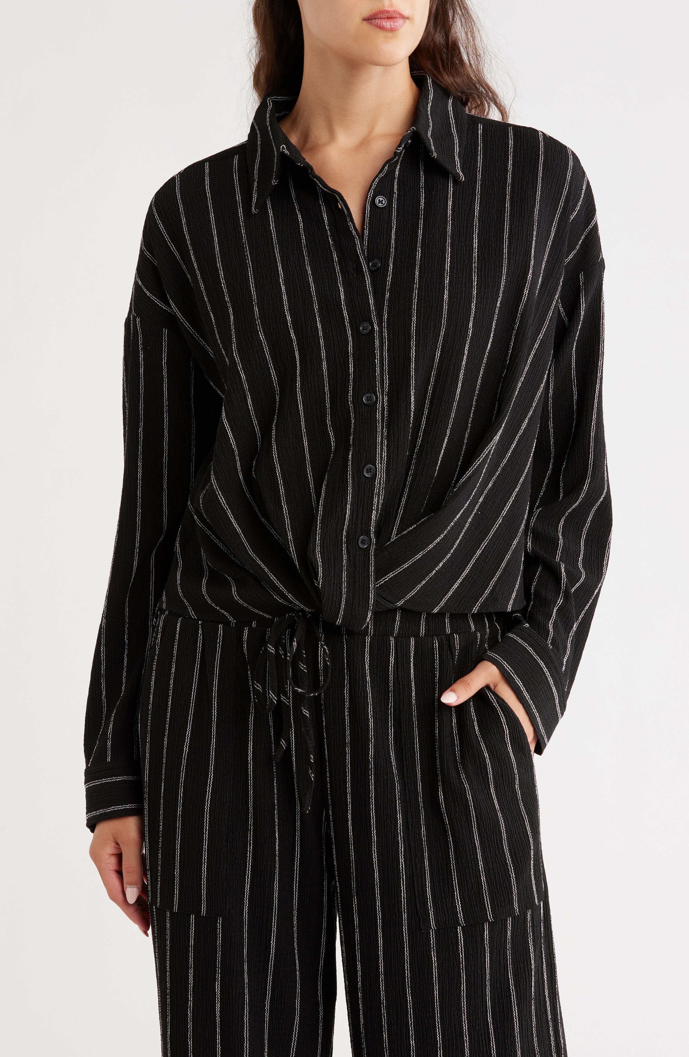 Caslon® Stripe Twist Front Textured Button-Up Top