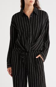 Caslon® Stripe Twist Front Textured Button-Up Top