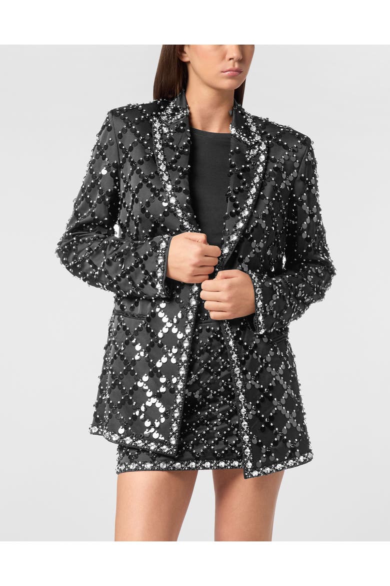 Blazer Boyfriend Fit Plein Paillettes Women, Main, color, black