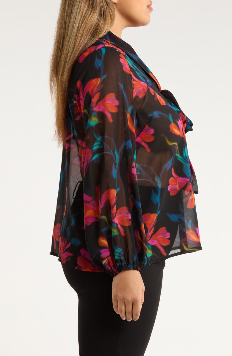 Tahari ASL Floral Bow Neck Chiffon Top, Alternate, color, Black Pink Floral