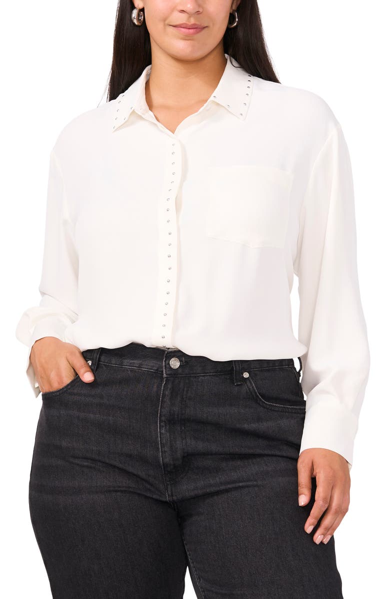 Vince Camuto Stud Detail Crêpe de Chine Button-Up Shirt, Main, color, 