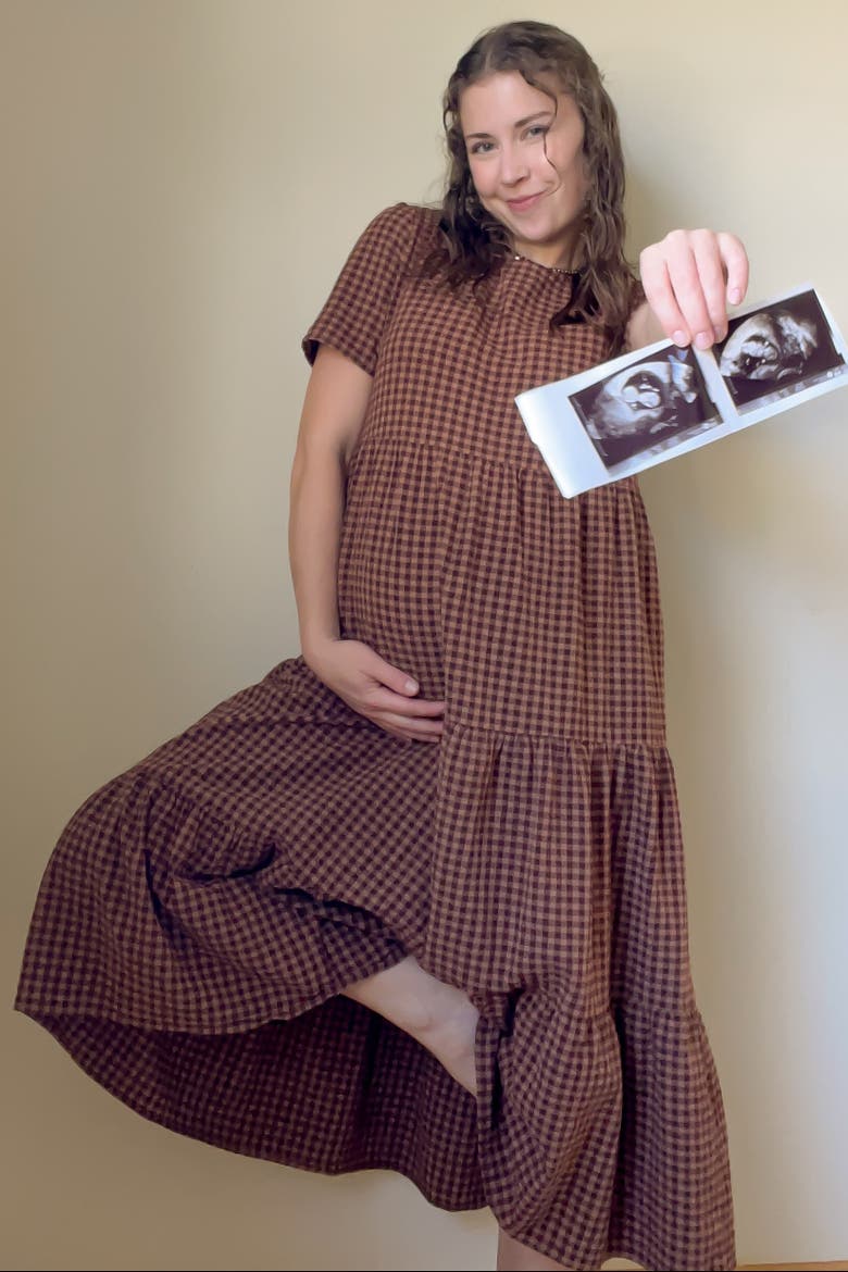 Gingham Tiered Midi Dress, Alternate, color, Mocha