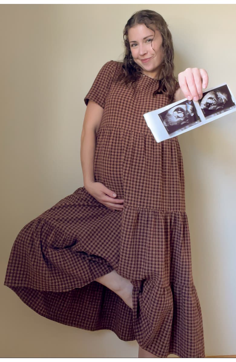 PinkBlush Gingham Tiered Midi Dress, Alternate, color, Mocha
