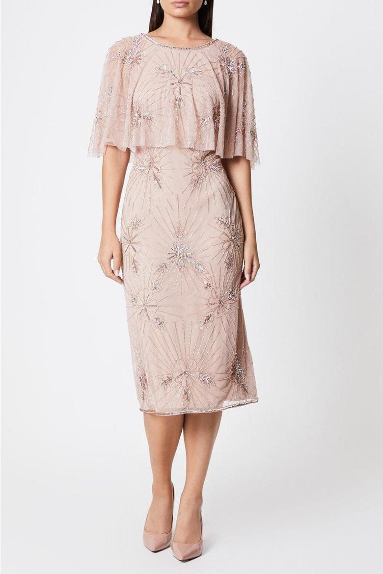 Floral Embellished Cape Midi Dress, Alternate, color, Blush